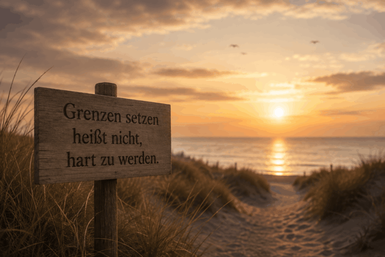 Holzschild mit der Aufschrift "Grenzen setzen heißt nicht, hart zu werden" an einem Weg zum Meer bei Sonnenuntergang