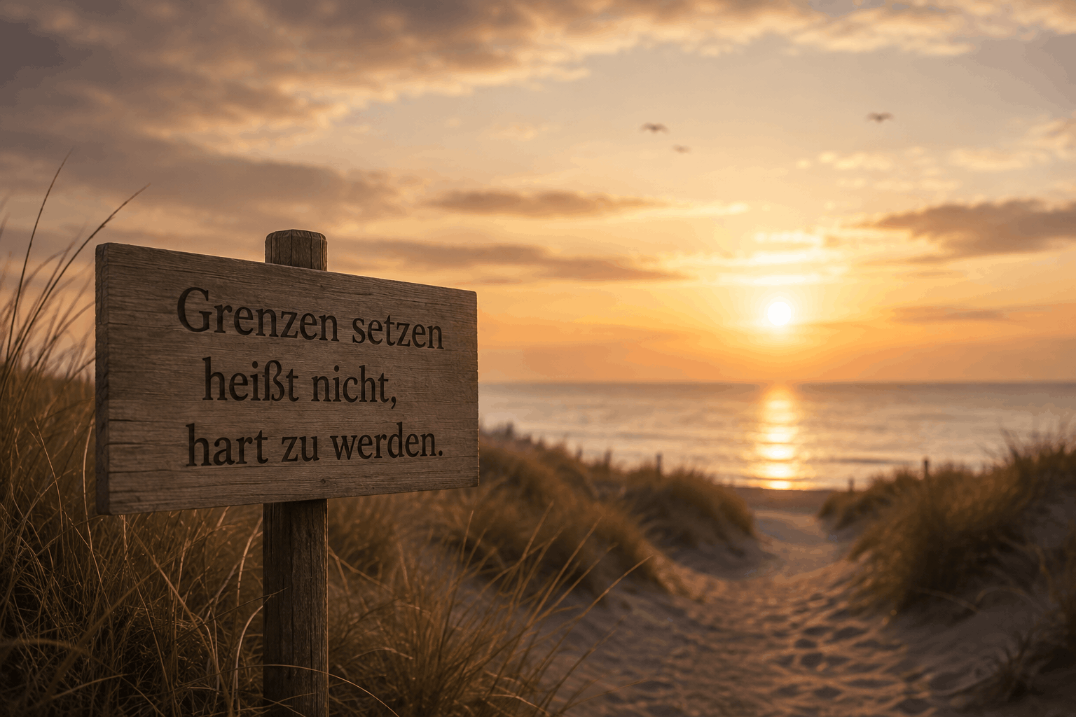 Holzschild mit der Aufschrift "Grenzen setzen heißt nicht, hart zu werden" an einem Weg zum Meer bei Sonnenuntergang