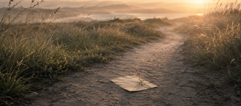 Ein langer Weg, ruhige und mystische Stimmung. Ein Brief auf dem Weg als Symbol für etwas, das zwar zu dem Weg gehört, aber nicht dessen weiteren Verlauf bestimmt