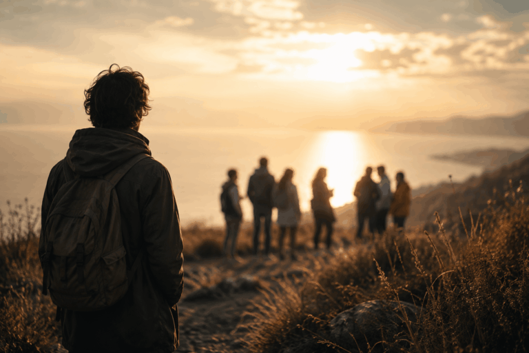 Einzelne Person mit Blick auf eine Gruppe im warmen Abendlicht - Symbol für Zugehörigkeit, Anpassung und Selbstverlust
